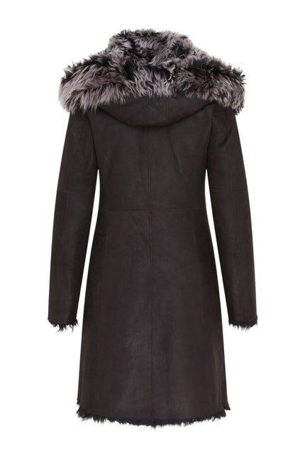 Womens Black Toscana Sheepskin Leather Hooded Trench Coat - Coast