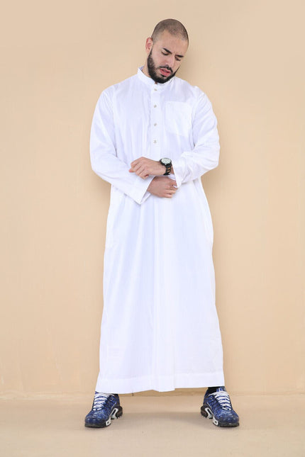 Mens White Thobe Jubba Saudi Islamic Arabic Eid Cotton Kaftan Jubbah Umrah Robe