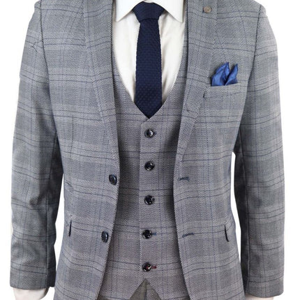 Mens 3 Piece Grey Birdseye Check Classic Suit