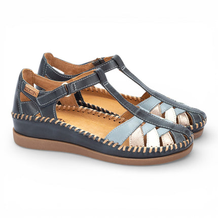 Pikolinos Women's Ocean Blue Leather Semi-Open Wedge Sandal Shoes - Cadaques