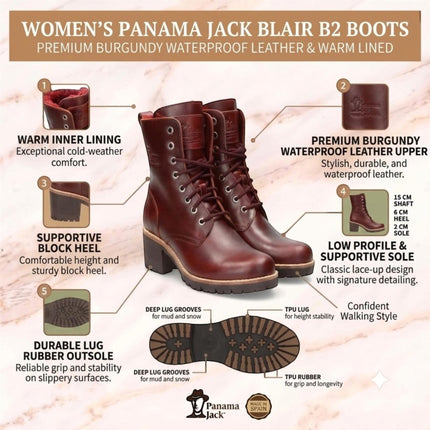 Panama Jack Women's Burgundy Leather Waterproof Warm Lace-Up Boots - Padma B25
