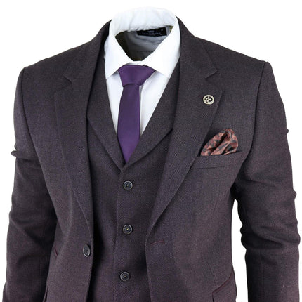 Mens Purple Plum 3 Piece Tweed Herringbone Suit Peaky Blinders Classic Tailored