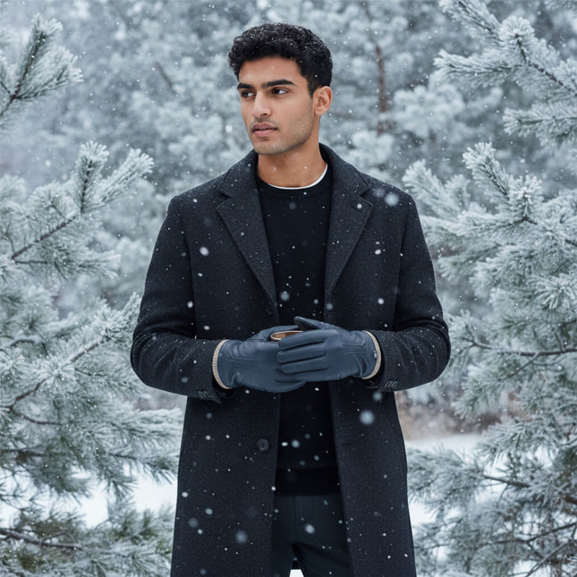 Men’s Navy Blue Italian Leather Warm Wool Lining Winter Gloves - M-LGV-405