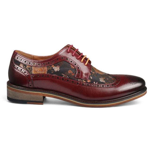 Justin Reess Men's Wine Leather Floral Print Brogue Dress Shoes - Ross
