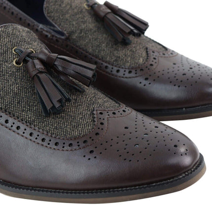 Mens Tasselled Brown Leather Tweed Brogue Slip On Loafers