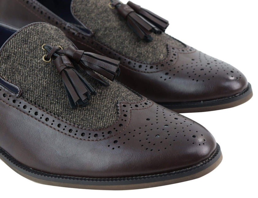 Mens Tasselled Brown Leather Tweed Brogue Slip On Loafers