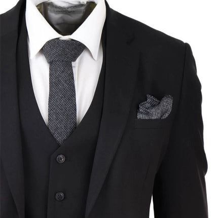 Mens 3 Piece Plain Black Classic Retro Tailored Suit