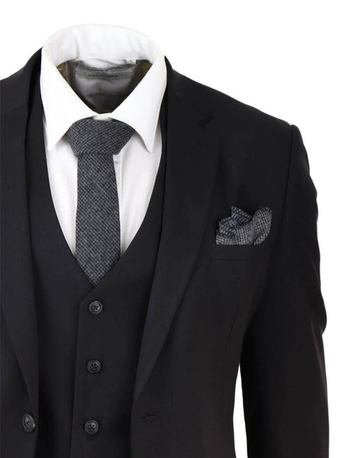 Mens 3 Piece Plain Black Classic Retro Tailored Suit