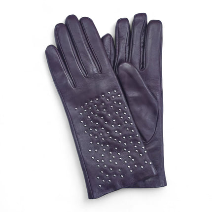 Womens Purple Italian Leather Winter Studded Design Soft Wool Lining Gloves - L-GLV-601