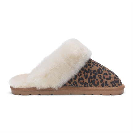 Women's Genuine Sheepskin Leopard Print Suede Mule Winter Slippers -Luna