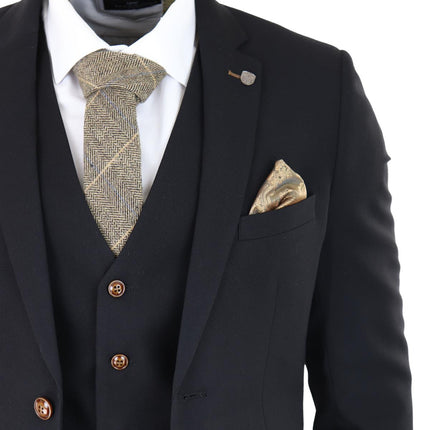 Mens Black 3 piece Suit Brown Trim Classic Birdseye Vintage Wedding Grooms