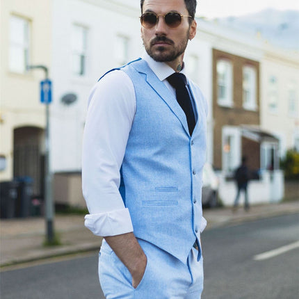 Men's Summer 2 Piece Suit Linen Formal Light Blue Waistcoat Trousers