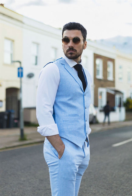 Men's Summer 2 Piece Suit Linen Formal Light Blue Waistcoat Trousers