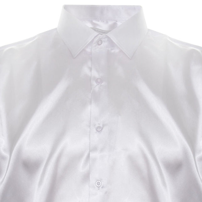Mens White Satin Silk Shirt Smart Casual Button Down Cuff Tailored Fit
