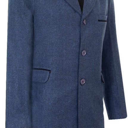 Mens 3/4 Long Navy Crombie Overcoat Jacket Herringbone Tweed Coat Peaky Blinder