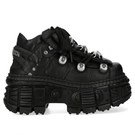 New Rock M-Overz106B-C1 Metallic Chunky Black Leather Gothic Ankle Boots