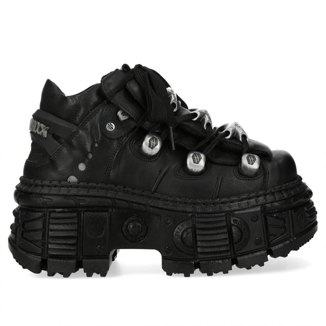 New Rock M-Overz106B-C1 Metallic Chunky Black Leather Gothic Ankle Boots
