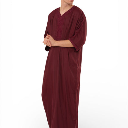 Men's Wine Red Moroccan Thobe Jubba Robe Eid Djellaba Gandoura - HM62