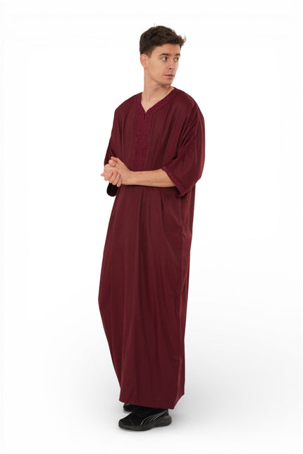 Men's Wine Red Moroccan Thobe Jubba Robe Eid Djellaba Gandoura - HM62