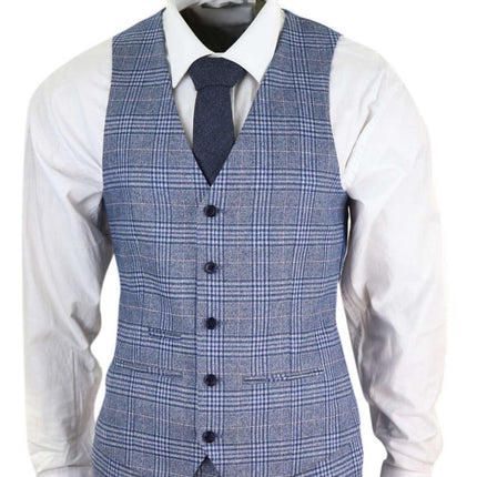 Mens 3 Piece Blue Grey Tweed Check Vintage Retro Suit