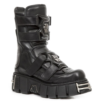 New Rock Punk Mid Calf Black Leather Boots-M-422-S1