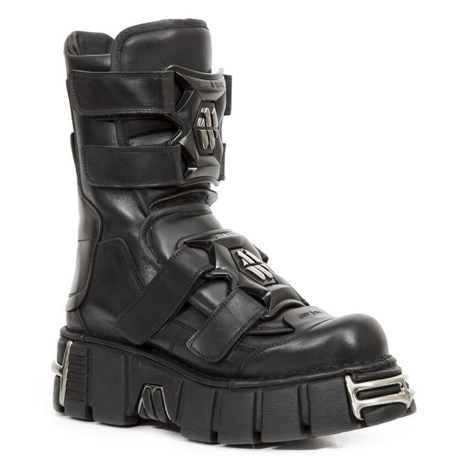 New Rock Punk Mid Calf Black Leather Boots-M-422-S1