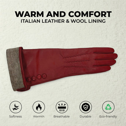 Womens Long Red Italian Leather Winter Button Design Soft Wool Lining Gloves - L-GLV-201