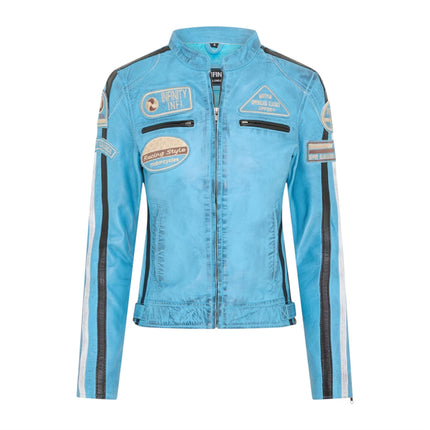 Womens Biker Racing Badges Blue Leather Jacket-Eastleigh