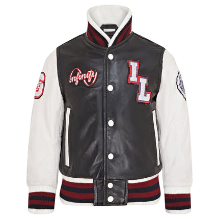 Kids Black Letterman Leather Varsity College Bomber Jacket
