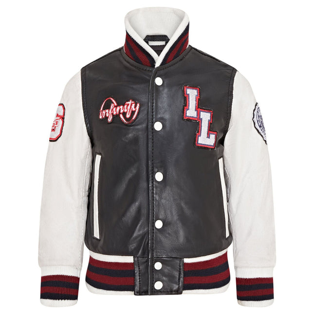 Kids Black Letterman Leather Varsity College Bomber Jacket