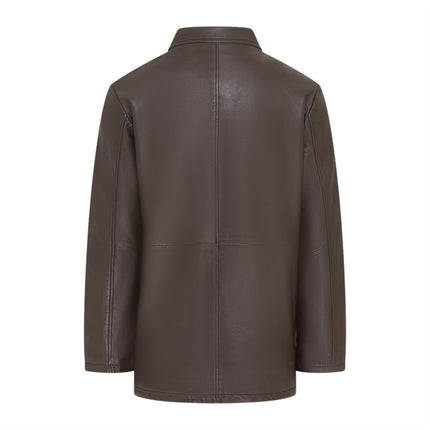 Men's Brown Leather Long Collared Car Coat Jacket - Berry