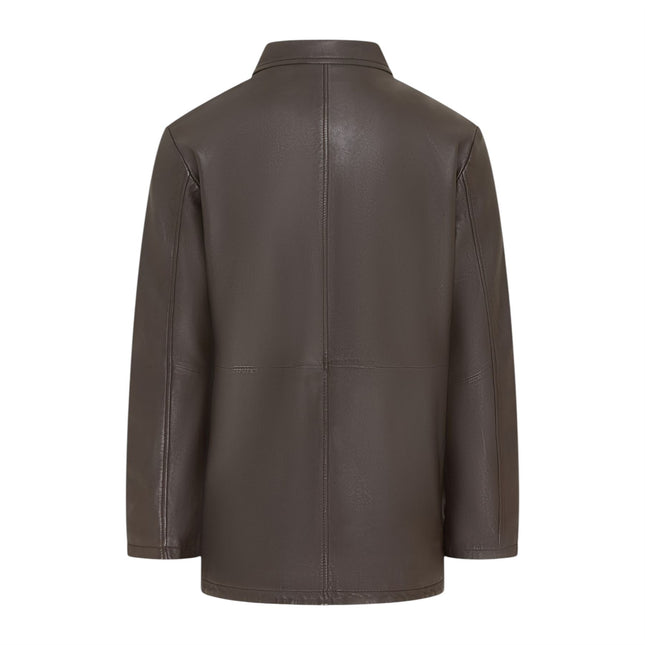 Men's Brown Leather Long Collared Car Coat Jacket - Berry