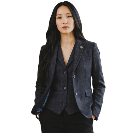 Women's Navy 2 Piece Check Formal Tweed Blazer & Waistcoat Set - TPSTZ-7