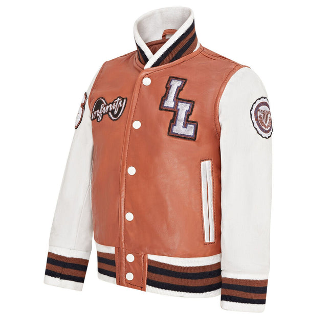Kids Tan Letterman Leather Varsity College Bomber Jacket