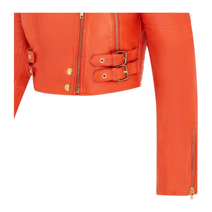 Womens Orange Cropped Brando Leather Biker Jacket-Longtown