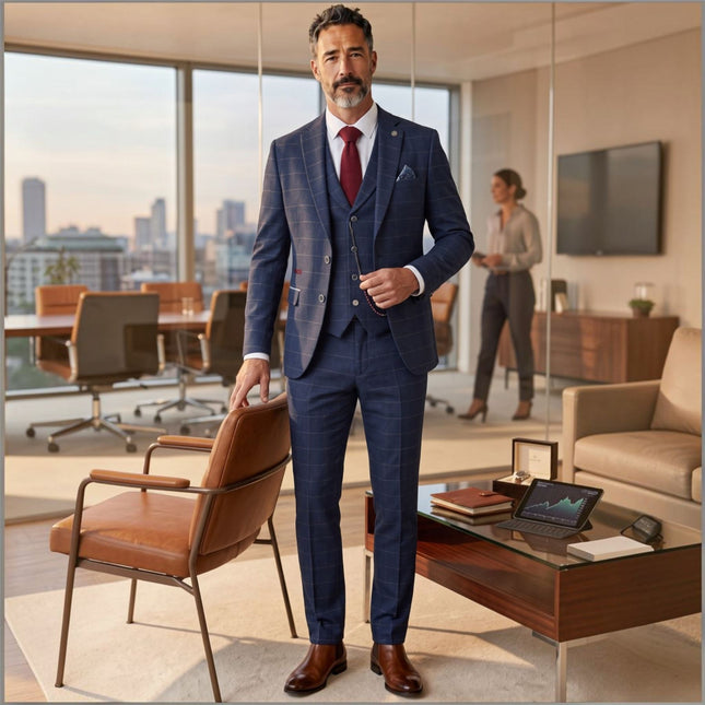 Men's Navy Blue Tweed 3 Piece Wool Blend Formal Suit - TP-32