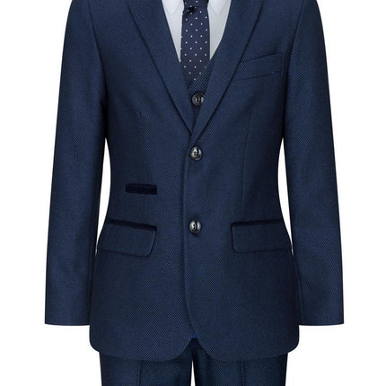 Boys 3 Piece Navy Blue Birdseye Tweed Suit