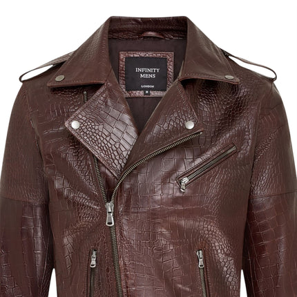 Mens Brown Cow Leather Alligator Print Embossed Biker Jacket - Rot