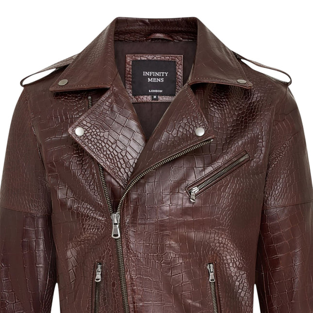 Mens Brown Cow Leather Alligator Print Embossed Biker Jacket - Rot