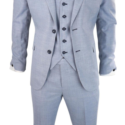 Mens 3 Piece Linen Suit Light Blue Summer Tailored Fit Wedding Prom Classic Suit