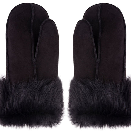 Unisex Blackl Sheepskin Leather Shearling Mittens Warm Gloves