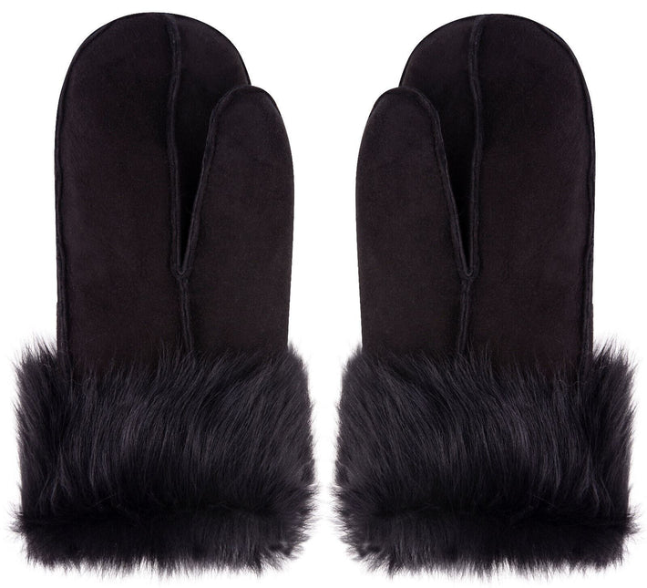 Unisex Blackl Sheepskin Leather Shearling Mittens Warm Gloves