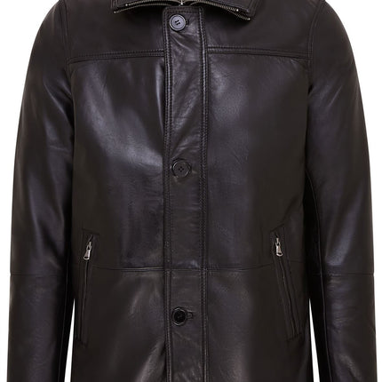 Mens Leather Jacket Classic Trench Coat with Removable Collar Mid Length Warm Overcoat