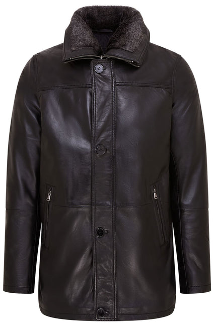 Mens Leather Jacket Classic Trench Coat with Removable Collar Mid Length Warm Overcoat