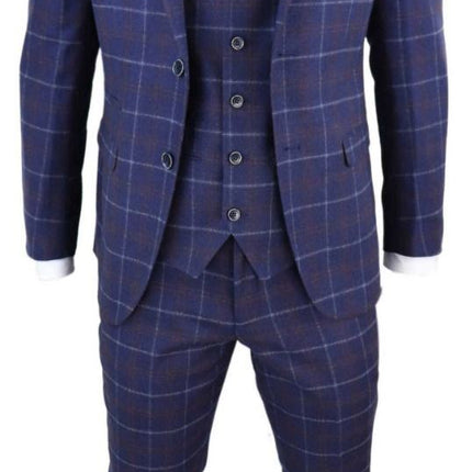 Mens 3 Piece Navy Blue Wool Check Retro Suit