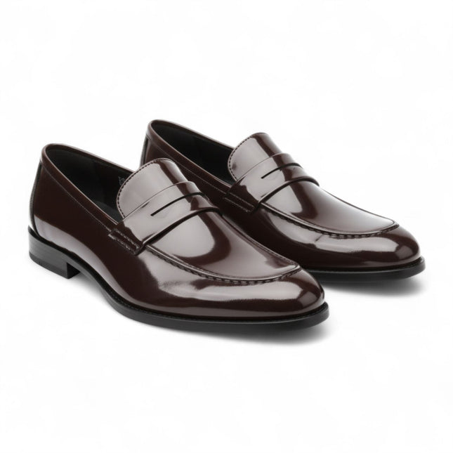 Mens Brown Patent Faux Leather Formal Penny Loafers