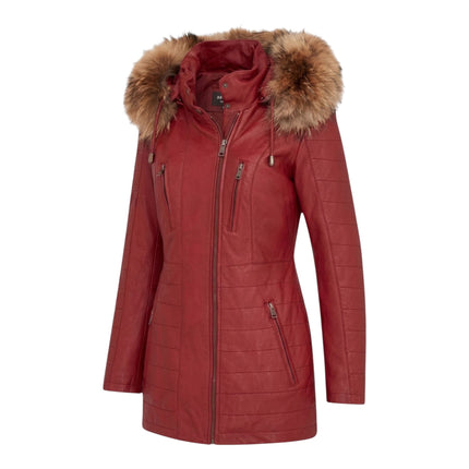 Womens Red Slim Fit Leather Hooded Parka Jacket-Northam