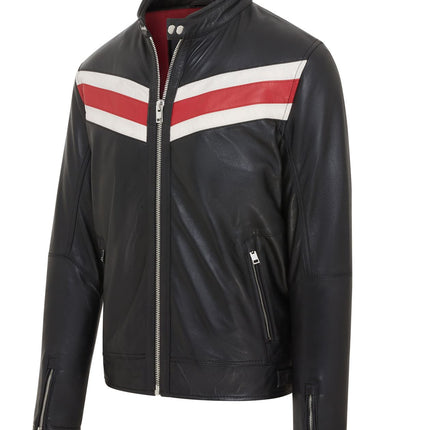 Men's Black Striped Café Racer Biker Leather Motorcycle Jacket