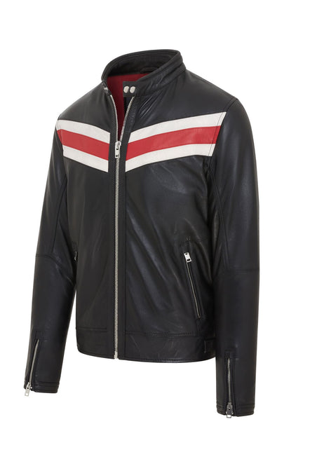 Men's Black Striped Café Racer Biker Leather Motorcycle Jacket