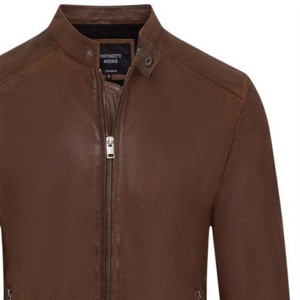 Mens Leather Brown Stand Collar Cafe Racer Biker Jacket - E184